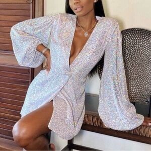 HOUSE OF CB LONDON Verina Silver Iridescent Sequin Wrap Robe Dress